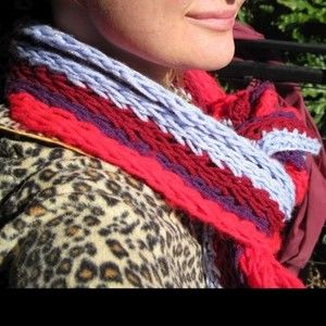 Likely Hand Knitted Warm Cozy Scarf Wrap Very Long 100" Striped Red Purple Blue